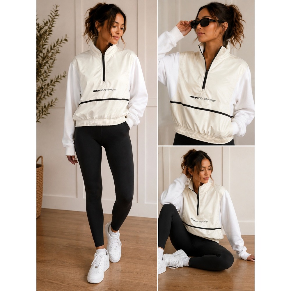 Nike Sportswear Womens Quarter Zip Cropped Pullover White Cream Fleece Medium